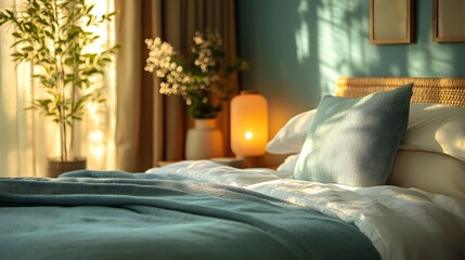 Fototapeta premium Cozy Bedroom with Soft Lighting and Pillows