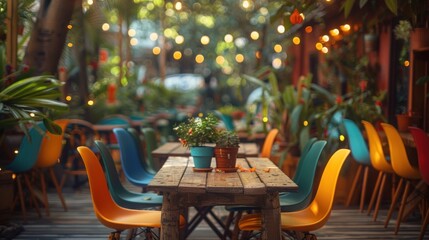 Obraz premium Outdoor cafe with colorful chairs