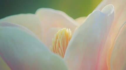 Close-up of a delicate white magnolia flower with yellow center in soft, natural light.