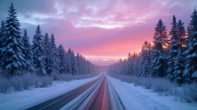 Winter panorama landscape. Forest, trees and road covered snow. Sunrise, winterly morning of a new day. Purple landscape with sunset. Happy New Year and Merry Christmas. Travel and tourism