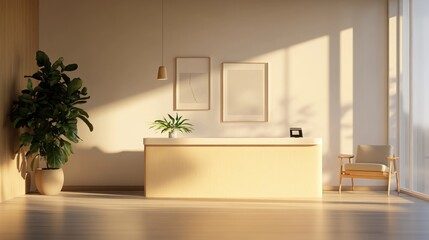 Minimalist reception area with wooden counter, a chair, and potted plants.