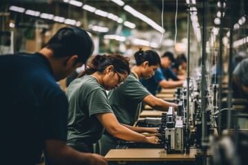 Obraz premium Diverse group of people working on assembly line in factory