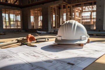 Construction helmet on a blueprint in house under construction