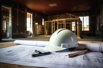 Construction helmet on a blueprint in house under construction