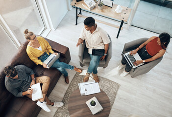 Office, couch and business people with technology for discussion, planning and feedback for...