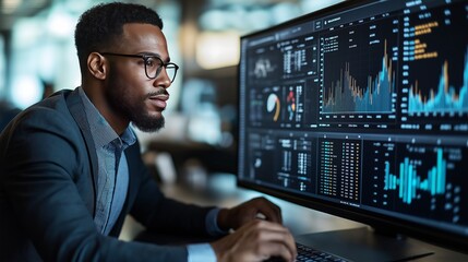 Business analyst reviewing complex financial data on computer screen in a professional setting