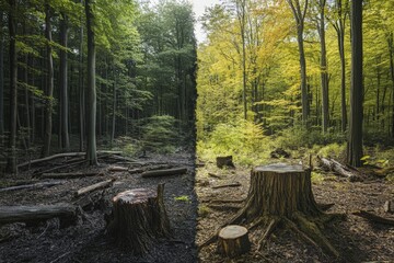 A forest scene  thriving wildlife contrasts with fallen trees, highlighting deforestation effects.