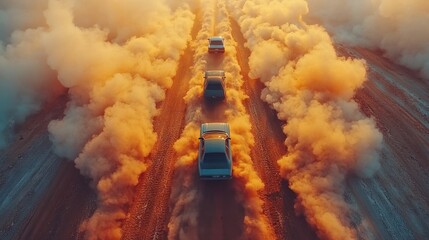 Three cars driving on a dirt road, leaving behind a trail of dust.