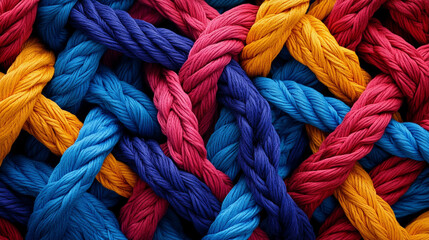close-up of colorful, entangled ropes symbolizes complex problem-solving and creativity. The intricate knots represent challenges, while the vibrant colors convey energy and optimism in overcoming obs