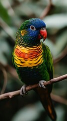 Obraz premium A colorful parrot with vibrant feathers perched on a tropical branch in a blurred jungle background.