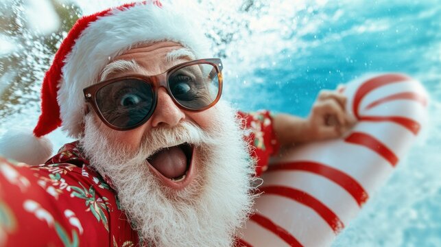 Santa enjoying a summer splash with a candy cane float and festive cheer, AI