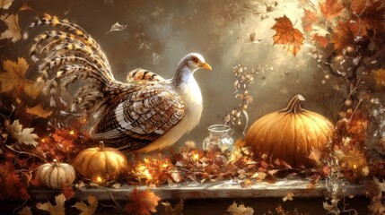 Obraz premium A picturesque autumn harvest scene featuring a turkey and an array of pumpkins surrounded by colorful fall leaves