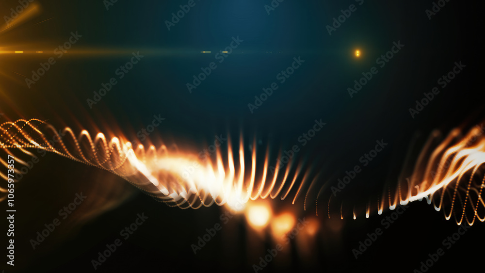 Fototapete a smooth wave of golden particles on a dark background, with a warm, glowing effect, symbolizing ene