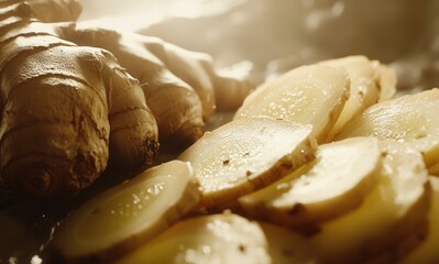 Closeup of fresh ginger root slices with natural lighting
