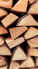 Fototapeta premium A neatly arranged pile of cut firewood showcases sharp edges and detailed textures, illuminated by gentle lighting to enhance its beauty