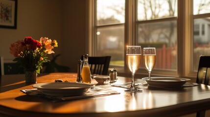 A romantic setting for two, with two champagne flutes, two plates, silverware, and a vase of flowers on a dining room table, all bathed in the warm glow of the sun coming through a nearby window.
