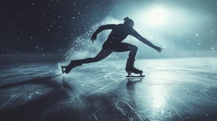 A figure skater glides across the ice, leaving a trail of water in their wake. The athlete is captured in a dynamic pose, showcasing the grace and power of the sport.