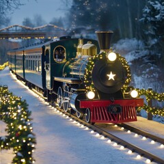 Naklejka premium Festive vintage steam engine decorated with bright Christmas lights and garlands travels along illuminated snowy tracks during a magical winter holiday journey.