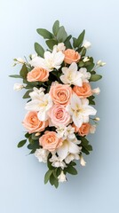 close-up of mixed flowers and plants in a bouquet on a soft blue background with copy space.