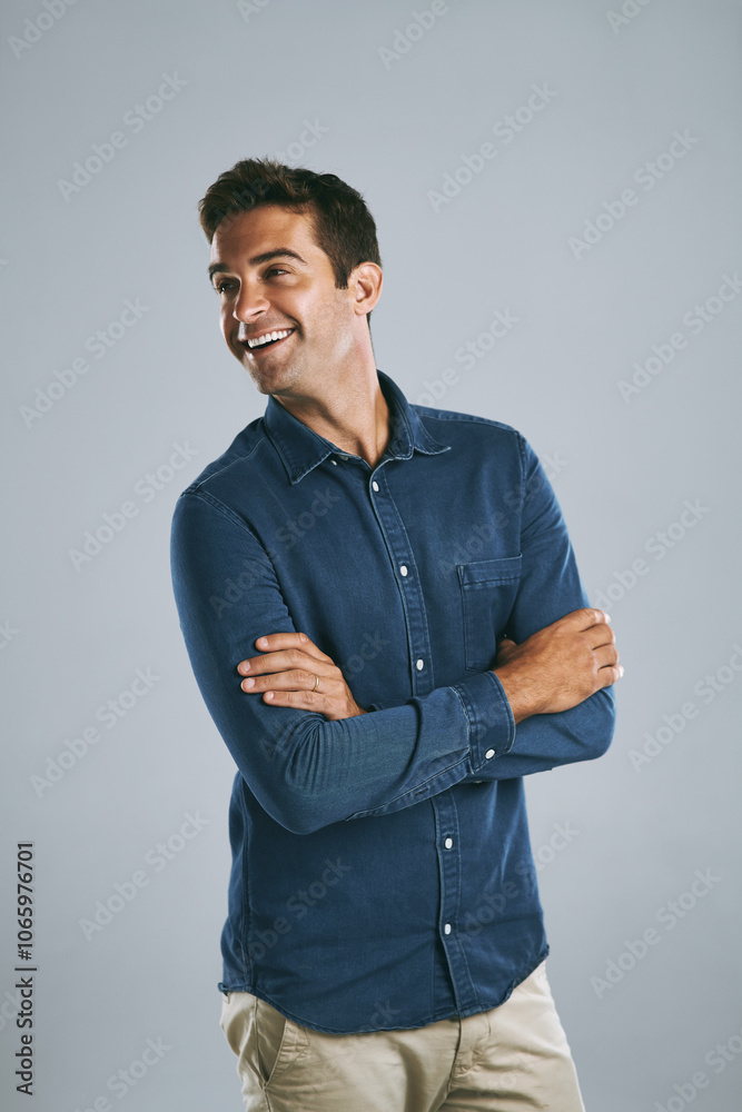 Poster Thinking, happy and business man in studio for solution, planning and problem solving with crossed arms. Startup, professional and isolated person for company pride, career or job on white background