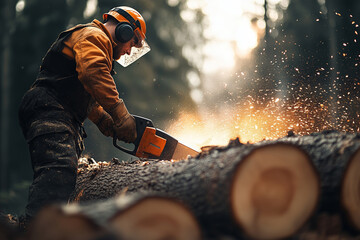 Lumberjack using chainsaw to cut log in forest.