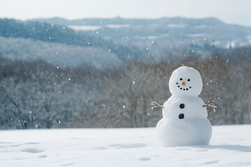 Snowman with carrot nose and coal buttons standing in a snowy landscape with falling snowflakes. Winter holiday and Christmas season concept
