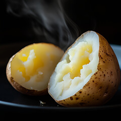 Steaming Hot Baked Potato on Dark Plate..