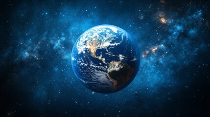 Obraz premium A stunning image of planet Earth from space, showcasing its continents, oceans, and swirling clouds against a backdrop of twinkling stars and cosmic dust.