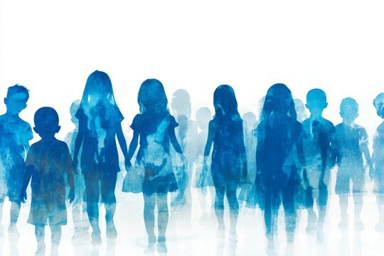 Blue silhouettes of children on white background for international missing children   s day