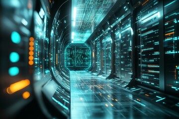 Futuristic server room showcasing advanced data flow analysis and cybersecurity in 3d render