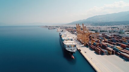 A busy cargo ship is loading vibrant shipping containers at a Greek port under a clear blue sky on a sunny day