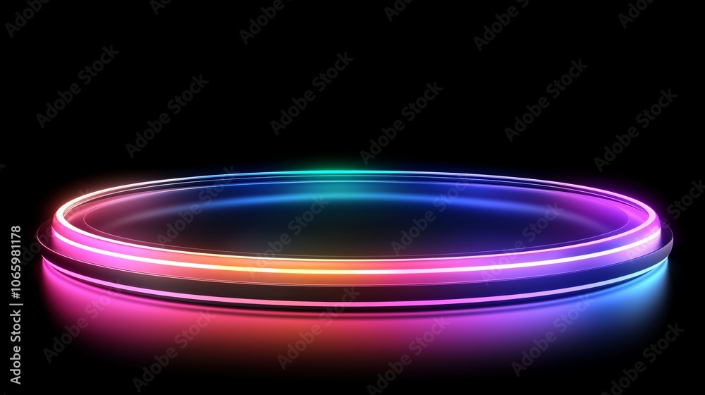 Poster glowing neon circle on a dark background, showcasing vibrant colors in a futuristic and minimalist d