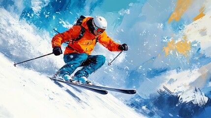 A skier in an orange jacket and blue pants skis down a snowy slope.