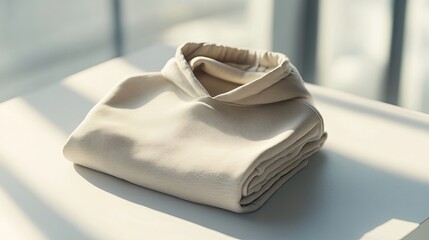 A neatly folded cream-colored hoodie with a soft, cozy feel. Perfect for casual wear.