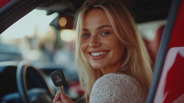 Happy Woman Holding Car Key at Dealership, Smiling for Successful Purchase and New Journey in Vehicle Ownership, Generative AI - Powered by Adobe