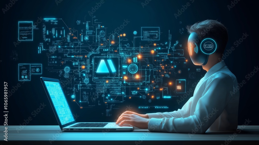 Fototapete Futuristic AI Programmer Working with Digital Interface and Cyber Data Flowing in Advanced High-Tech Environment, Generative AI
