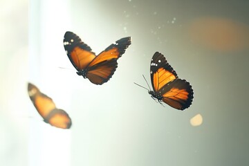 Obraz premium Vibrant orange butterflies in flight against a blurred background