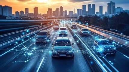 Obraz premium Futuristic cityscape with cars and digital elements representing advanced technology.