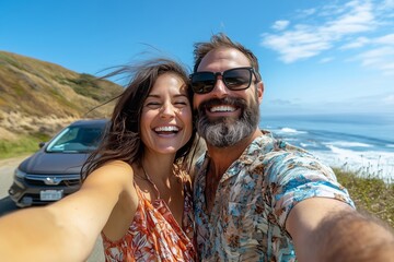 Obraz premium Seaside Adventure: Happy Couple Taking a Selfie with Ocean and Road Trip Car. Generative ai