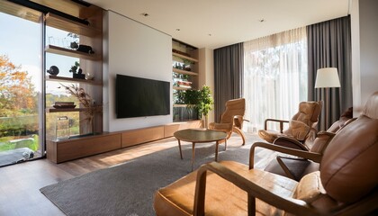 Fototapeta premium Stylish home living room interior with armchairs and tv screen, panoramic window