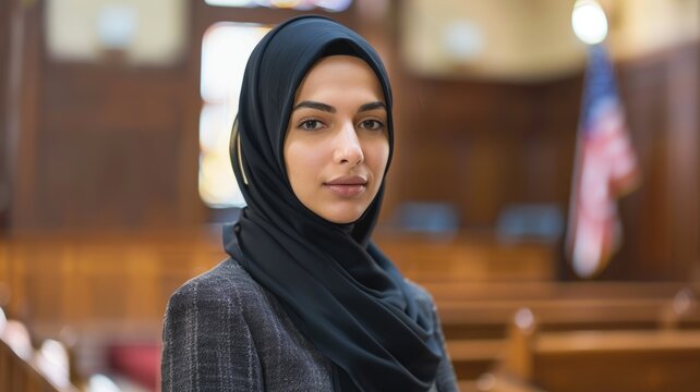 Confident professional woman in a courthouse setting for legal and business concepts,World Hijab Day - Powered by Adobe