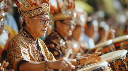 A man in traditional Indonesian clothing plays a drum during a ceremony.