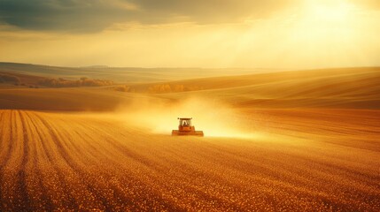 Fototapeta premium Tractor working a field at sunset.