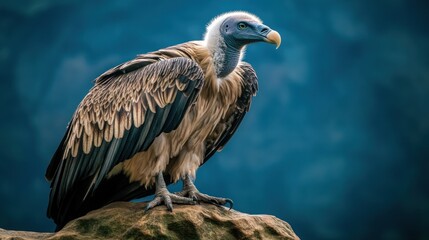 Fototapeta premium A majestic griffon vulture with its head turned to the side, perched on a rock against a blurred blue background.
