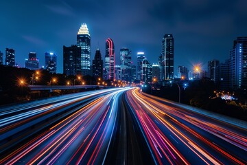 Fototapeta premium photo capturing a bustling city highway at night, adorned with vibrant light trails from vehicles