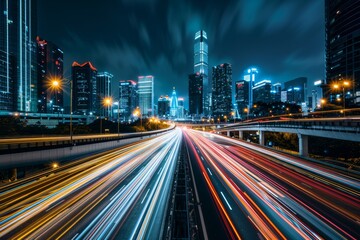 photo capturing a bustling city highway at night, adorned with vibrant light trails from vehicles