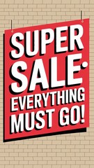 Fototapeta premium Super sale event poster: everything must go promotion on red banner