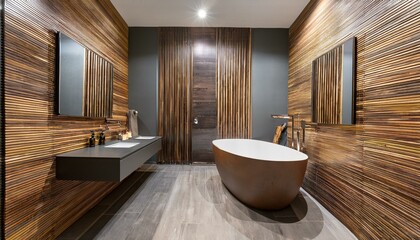 Wooden and gray bathroom interior with tub and double sink