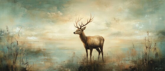 A serene landscape featuring a majestic stag against a dreamy, atmospheric background.