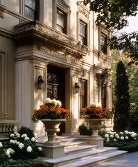 Fototapeta premium facade of an upper manhattan style brownstone, luxury home and property with historic architecture and elegant landscaping. townhouse with european architecture.